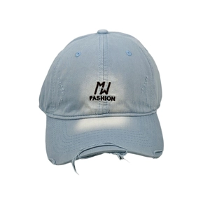 Distressed light blue baseball cap with black MW FASHION embroidery and torn detail