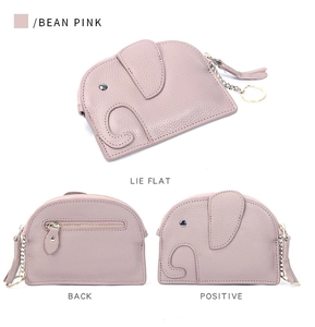 Three-view display of bean pink leather elephant coin purse with litchi texture