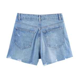 Detail view of light blue denim shorts back with pockets and distressed frayed hems