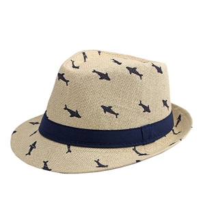 Cappello panama in paglia per adulti e bambini con stampe di squali blu e nastro