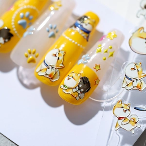 Adhesive nail stickers featuring cute cartoon Shiba Inu and cat illustrations in bright yellow