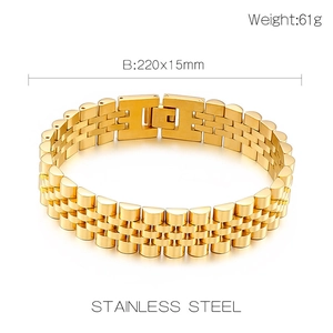 Detail of 15mm gold stainless steel watch band bracelet showing dimensions and 61g weight