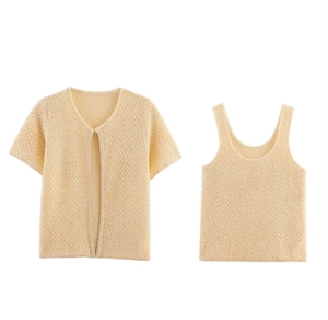 Close-up of light yellow knit two-piece set with intricate crochet hollow-out texture