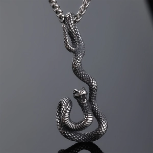 Retro stainless steel snake pendant necklace with vintage silver finish and detailed scales