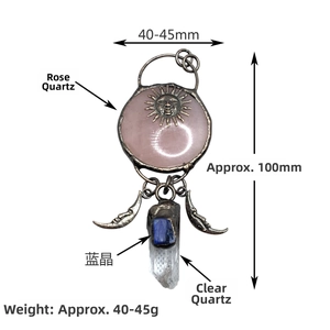 Detailed size view of retro sun god pendant with rose quartz and raw crystal stones