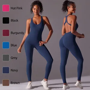 Damen Nahtlose Formgebende Yoga Einteiler Rückenfrei Slim Fit Athletic Gym Bodysuit Top And Bottom Workout Fitness Activewear