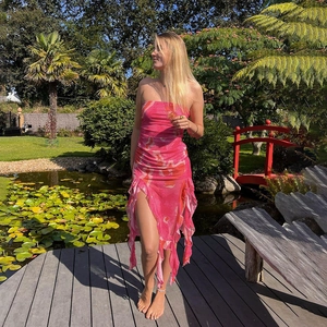 Robe Mini Imprimée En Maille Sans Bretelles Ourlet À Volants Irrégulier Fente Taille Haute Mode Vacances Été