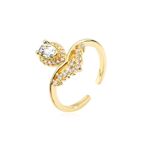 Luxurious gold plated copper open ring with pear cut cubic zirconia and pavé accents