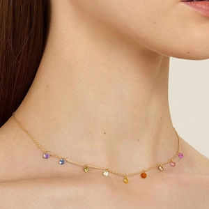 Chic 18K gold plated chain necklace with colorful round gemstone pendants worn by model