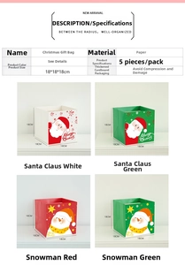 Detailed view of square Christmas gift bags with Santa and snowman prints 18x18cm size