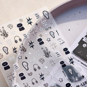 Cartoon M-118 black and white hand-drawn nail art stickers with silver metallic accents