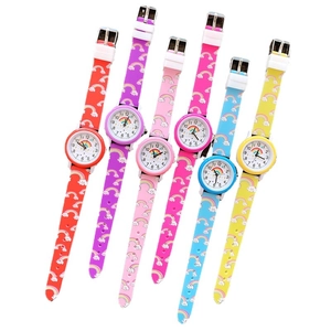 Set of six colorful kids quartz watches featuring rainbow and cloud silicone straps