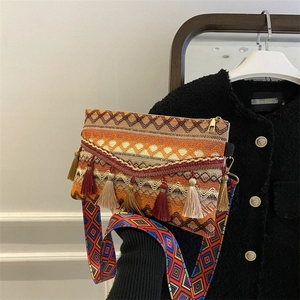 Detail of geometric woven crossbody bag with colorful tassels and jacquard strap