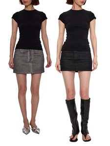 Slim fit modal short sleeve t-shirt paired with denim mini skirt for a modern look