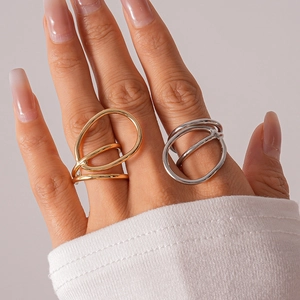 Detailed view of layered geometric double-line rings in gold and silver finish