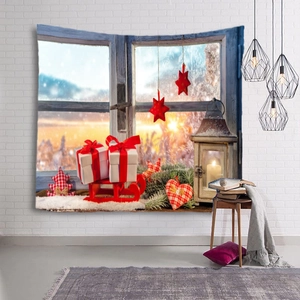 Cozy Christmas window tapestry featuring festive ornaments and warm winter scenery details