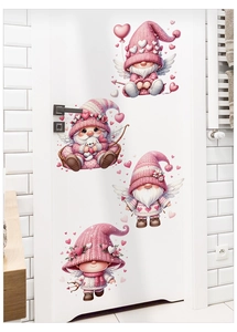 Detail view of pink Valentine's gnome window stickers with 3D knit texture on white door
