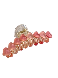 Grande molletta per capelli con cuori rosa, resina trasparente e molla in metallo oro