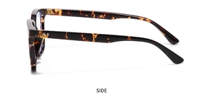 Side view of stylish tortoiseshell square frame sunglasses with thick temple design