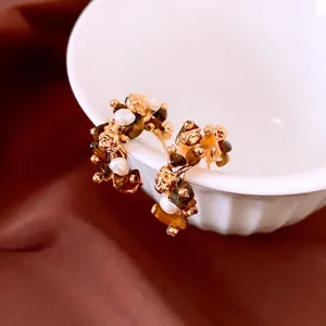Vintage Flower C-Shaped Earrings With Tiger Eye Stone Artificial Pearl 925 Sterling Silver Earring Post French Retro Style For Women