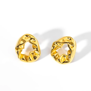 Irregular geometric gold pleated stud earrings with high-quality polished steel finish