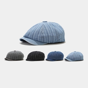 Retro Washed Denim Pinstripe Newsboy Cap Octagonal Painter Hat For Women Cotton All-Match Fashionable Headwear