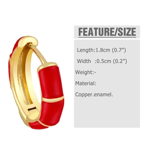 Detail view of red enamel geometric hoop earring with copper base and size dimensions