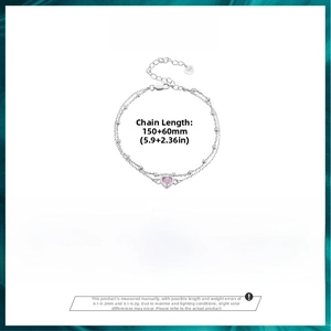 Detail of S925 sterling silver double layer bracelet with pink heart and lobster clasp