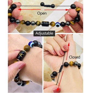 Adjustable tiger eye and evil eye beaded bracelet with personalized gold letter A charm
