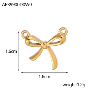 Detailed view of a golden bow pendant showing 1.6cm dimensions and 1.2g weight