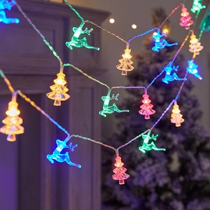 Colorful LED snowflake string lights with reindeer and Christmas tree shapes for decor