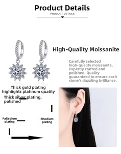 Detailed view of S925 silver snowflake earrings with moissanite and plating layers
