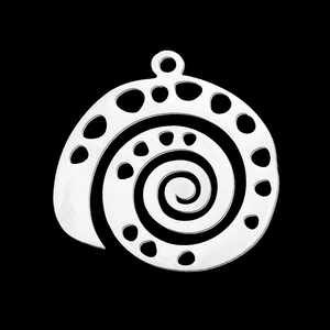 Detailed close-up of a silver stainless steel spiral pendant with hollow circle accents