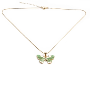 Close-up of gold butterfly necklace with green and white enamel details and lobster clasp