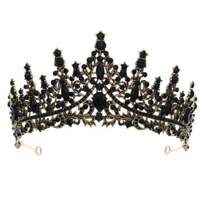 Vintage Baroque bridal tiara with black rhinestones and antique gold alloy finish