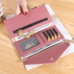 Pink heart-tassel long wallet with litchi grain and interior card slots