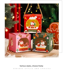 Christmas gift boxes with clear windows and festive illustrations of Santa and snowmen