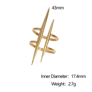 Detail shot of golden 18k plated steel ring featuring double-row spikes and size metrics