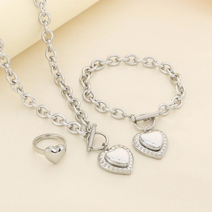 Silver stainless steel jewelry set with thick chains, heart pendants and OT clasps