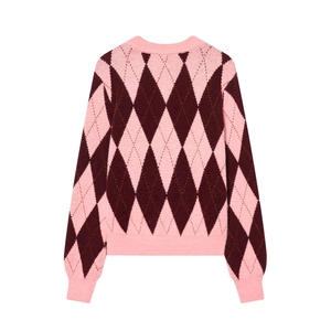 Women's pink and brown argyle knit cardigan sweater with ribbed cuffs and hem, back view