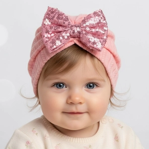 Detailed view of pink knitted baby turban hat with a large sparkling sequin bow knot