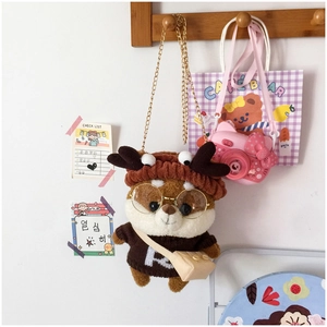 Simpatica borsa a tracolla in peluche Shiba Inu con corna di cervo e catena d'oro