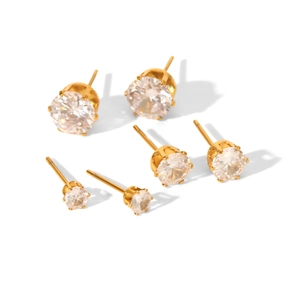 Three-piece gold plated stainless steel stud earring set with clear zircon stones