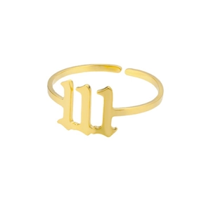 Gold adjustable stainless steel ring featuring gothic style angel number 111 engraving