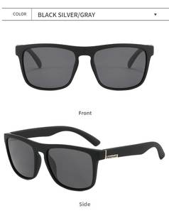 Detailed views of matte black polarized sunglasses with silver metal side accents