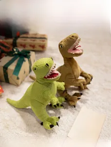 Detail of plush dinosaur toys with realistic skin texture and teeth in festive setting