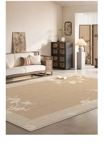 Detail of Zen style living room rug with white plum blossom pattern and woven texture