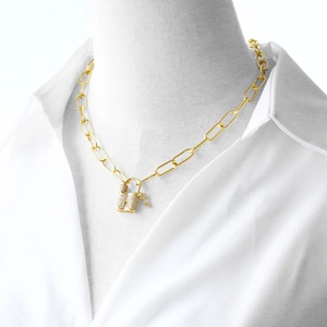 Gold-plated paperclip chain necklace with micro-pave zircon lock and key pendant charms