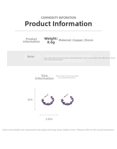 Detail view of purple zircon rhombus hoop earrings with precise size and weight measurements