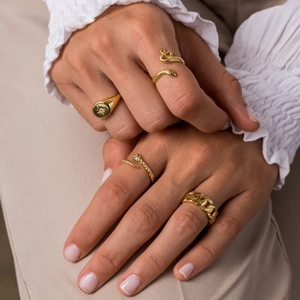 Detailed view of layered gold snake ring and star signet rings on a hand